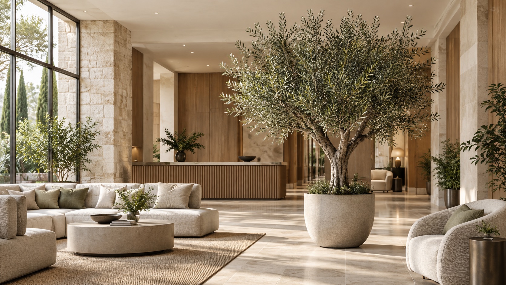 Refined commercial interior styled with an artificial olive tree